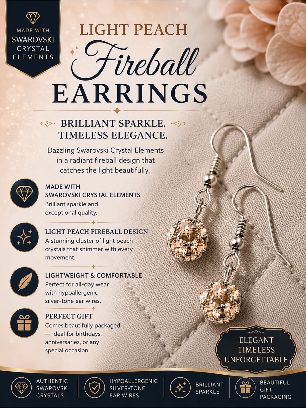 Light Peach Fireball Drop Earrings with Swarovski Crystals